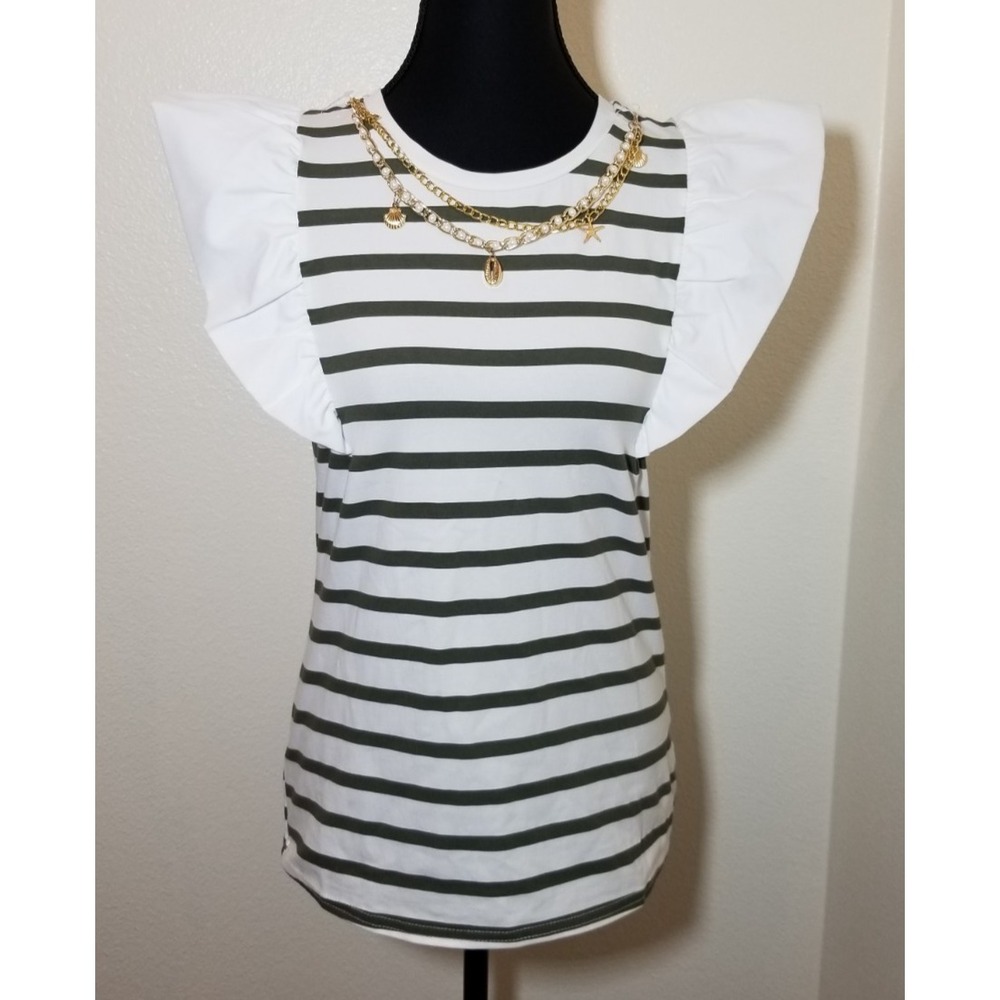 Love Forever Womens S White Stripe Flutter Sleeve Top Charms Pearls Coastal NWT